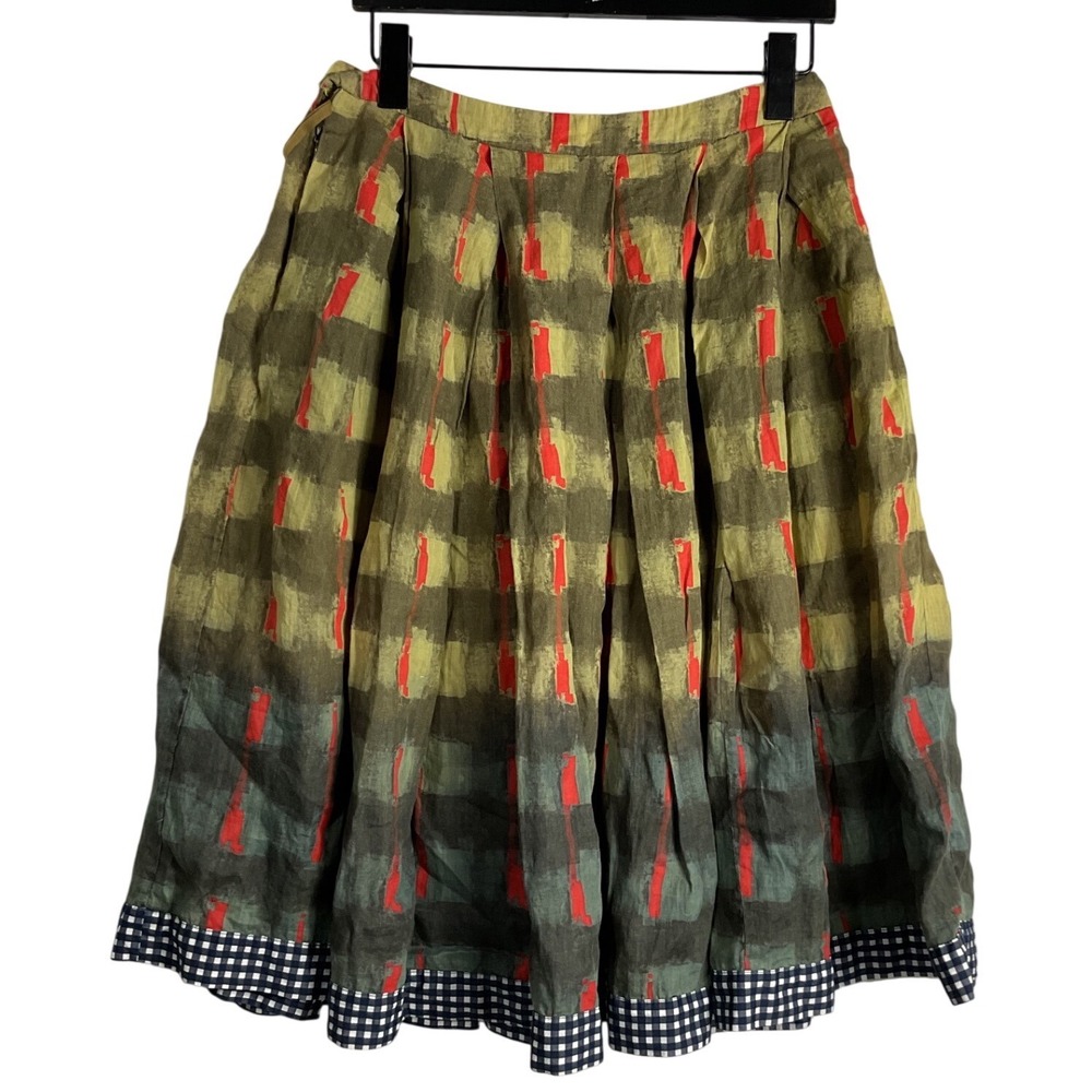 Donoratico Linen Pleated Midi Skirt Artistic Print Gingham Trim Green boho artsy
